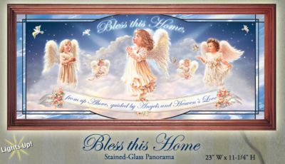 Bless This Home Religious Wall Decor - Exclusive Market First Religious Wall Decor with Angel Art by Artist Dona Gelsinger! Heavenly Panorama Lights Up!