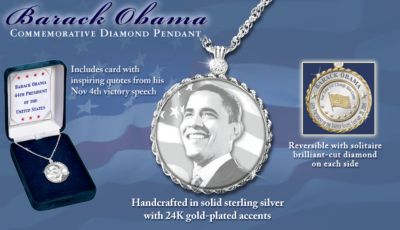 Barack Obama Commemorative Solid Sterling Silver Diamond Pendant Necklace - Exclusive Barack Obama Commemorative Pendant Necklace Honors Historic Change! Diamonds, Solid Sterling Silver, and 24K Gold!