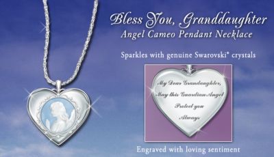 Bless You Granddaughter Angel Cameo Pendant Necklace - Engraved Pendant Necklace for Granddaughters! Porcelain Cameo Angel Handcrafted with Sterling Silver and Swarovski Crystals!
