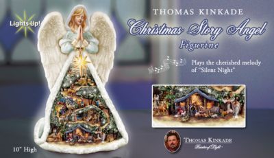 Thomas Kinkade Christmas Story Angel With Nativity Village Figurine - First-ever Thomas Kinkade Angel Figurine to Retell the Christmas Story in Fine Sculpture! Lights Up and Plays "Silent Night"!