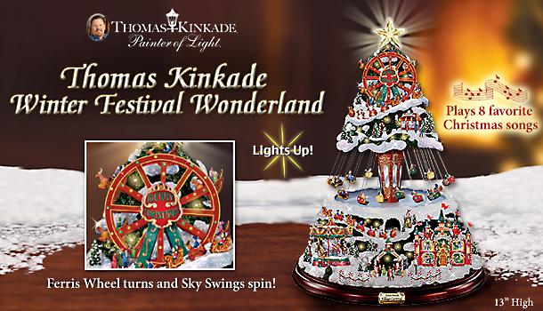 Thomas Kinkade Illuminated Musical Rotating Tabletop Christmas Tree: Winter Festival - First-of-a-kind Illuminated Thomas Kinkade Musical Tree! Chasing Lights, Rotating Ferris Wheel and Sky Swing!