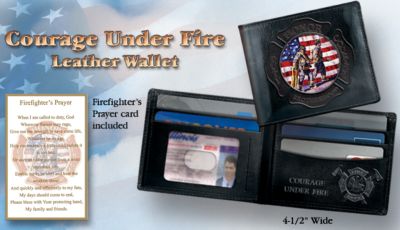 Firefighters Genuine Leather Wallet: Courage Under Fire - First-Of-Its-Kind Firefighters Genuine Leather Wallet Framed by Embossed Maltese Cross! FREE Firefighter Prayer Card