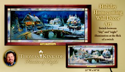 Thomas Kinkade Illuminated Stained-Glass Panorama Wall Decor: Holiday Homecoming - First-of-a-Kind Illuminated Thomas Kinkade Stained-Glass Panorama! Exclusive Holiday Wall Decor Turns from Day into Night!