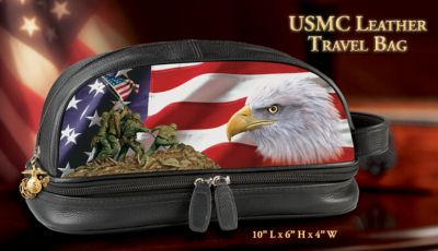 USMC Leather Travel Bag - Exclusive USMC Leather Travel Bag! Inspiring Portraits, Embroidered Marine Corps Emblem and Two-way Zipper Closures!