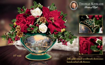 Thomas Kinkade Winters Blooms: Cobblestone Christmas Silk Flower Bouquet Arrangement - First-of-its-Kind Thomas Kinkade Christmas Bouquet Table Centerpiece Featuring Silk Flower Arrangement in Porcelain Vase