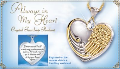 Always In My Heart Crystal Teardrop Pendant - Sterling Silver Heart Pendant Keeps Memories of a Loved One Close! Angel Themed Jewelry a Keepsake Pendant to Cherish!
