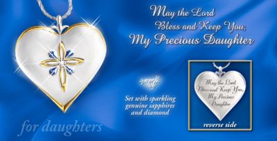 My Blessed Daughter Diamond And Sapphire Pendant Necklace Jewelry - Sapphire and Diamond Heart Pendant is a Loving Present for a Daughters! An Exquisite Sterling Silver Religious Jewelry Gift!