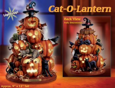 Cat-o-Lantern Illuminated Halloween Cats Figurine - Exclusive Jack-o-lantern Sculptural Art is the Cats Meow! Illuminated Halloween Decoration Inspired by Charles Wysocki Art!