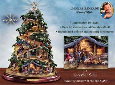 Thomas Kinkade Glory To The Newborn King Illuminated Nativity Tree - Exclusive Thomas Kinkade Tabletop Christmas Tree! Nativity Scene Christmas Decoration Lights Up, Plays Silent Night!