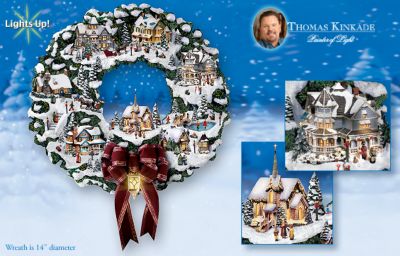 Thomas Kinkade Village Christmas Wreath - Collectible Thomas Kinkade Village Christmas Wreath has Victorian Theme! First-ever Thomas Kinkade Illuminated Art Wreath!