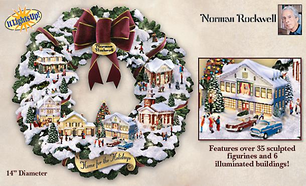 Norman Rockwell Christmas Village Illuminated Wreath - First-ever Norman Rockwell Christmas Village Wreath! Exclusive Rockwell Art Collectible! Unique Christmas Decoration!
