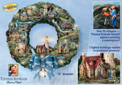 Thomas Kinkade Seaside Village Lighthouse Wreath - Thomas Kinkade Seaside Village Wreath a Collectible First! 7 Glowing Cottages and Lighthouses, Over 25 Villagers! Exclusive!