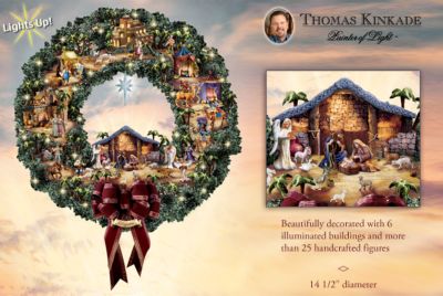 Thomas Kinkade Decorative Lighted Nativity Scene Wreath - Lighted Thomas Kinkade Nativity Wreath! Exclusive, Unique Christmas Decoration or Collectible Gift with over 25 Figures!