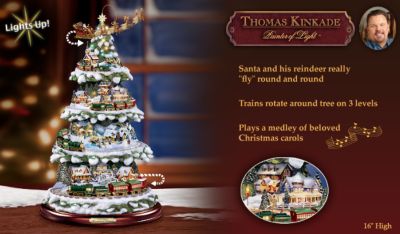 Thomas Kinkade Wonderland Express Animated Tabletop Christmas Tree With Train - Market First Thomas Kinkade Christmas Tree! Unique Christmas Home Decoration with Music, Light and Moving Trains!