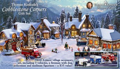 Thomas Kinkade Village Christmas: Cobblestone Corners Gift Set - Exclusive Thomas Kinkade Christmas Village Gift Set Celebrates Rustic Holiday Buildings! FREE 6-Piece Village Accessory Set!