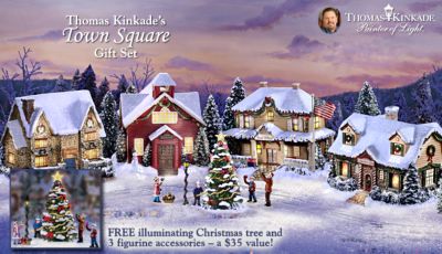 Thomas Kinkade Village Christmas: Town Square Gift Set - Exclusive Thomas Kinkade Christmas Village Gift Set Celebrates Community! FREE Figurines and Christmas Tree Accessory!