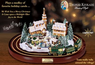 Thomas Kinkade Home For The Holidays Village and Train Set - Thomas Kinkade Artwork, Illuminated Train and Christmas Carols in an Exclusive Christmas Collectible Village and Train Set
