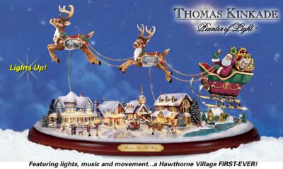 Thomas Kinkade Santas On His Way Figurine - Exclusive Thomas Kinkade Santa Claus Sleigh and Village, a Limited-edition First Brings You Lights, Music and Movement!