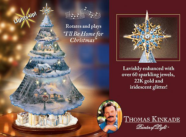 Thomas Kinkade Holiday Celebration Rotating Tabletop Christmas Tree - First Thomas Kinkade Tabletop Christmas Tree in Porcelain Lights Up Your Holidays! Exclusive Animated Musical Christmas Tree!