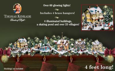 Thomas Kinkade Winter Wonderland Holiday Garland And Stocking Holder - Exclusive First-ever Thomas Kinkade Holiday Garland and Christmas Stocking Holder! Illuminated Decor with Buildings and Pond