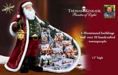 Thomas Kinkade Santas Holiday Village Figurine: Unique Christmas Decoration - Exclusive First! Thomas Kinkade Santa Figurine Decorated with a Fully Sculpted, Illuminated Village Inside Santas Coat!