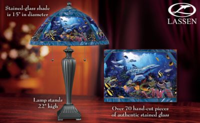 Christian Riese Lassen Art Jewels Of The Sea Stained-Glass Table Lamp - Exclusive Stained-Glass Marine Art Table Lamp is Nearly 22" High! Boasts Artist Christian Riese Lassen Tropical Fish Art