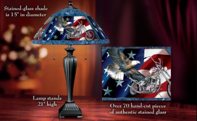 Ride Hard, Live Free Motorcycle Themed Stained Glass Table Lamp - A First-Ever Motorcycle-Themed Table Lamp Pays Tribute to Powerful Symbols of Freedom! Exclusive Patriotic Home Decor!