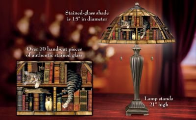 Charles Wysocki Cat Art Stained-Glass Table Lamp: Purr-fect Catnap - Exclusive Cat Art Stained-glass Table Lamp Warmly Illuminates with Charles Wysocki "Frederick the Literate" Artwork!