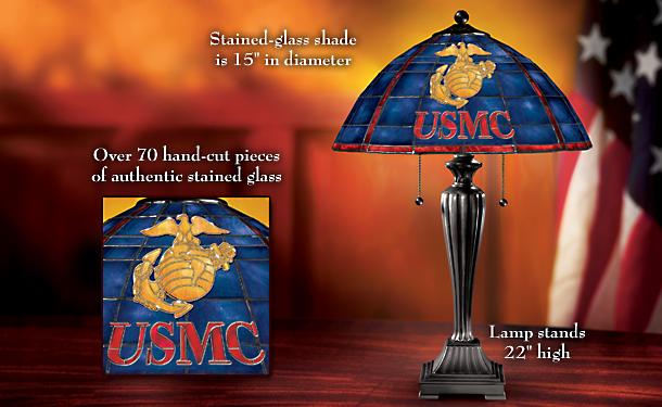 USMC Stained Glass Table Lamp: Patriotic Home Decor - Exclusive Marine Corps Stained-Glass Table Lamp Patriotically Showcases Treasured Corps Emblem! Stands Nearly 22" High