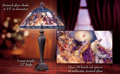 Dragonmaster Fantasy Wizard And Dragon Art Stained Glass Table Lamp - Exclusive Fantasy Wizard and Dragon Art Table Lamp Illuminates a Secret Realm of Enchantment! Showcases Artist Myles Pinkney!