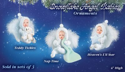 Snowflake Angel Babies Ornament Set One: Set Of Three - Exclusive Snowflake Angel Babies Ornament Set is Blessed with the Feathery Softness of Heaven! With Real Jingle Bells!