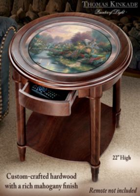 The Bradford Editions Thomas Kinkade Lamplight Bridge Painting Inspired Decorative Round Wood Accent Table
