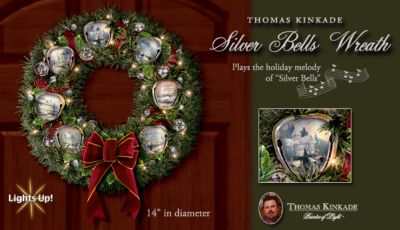 Thomas Kinkade Silver Bells Musical Christmas Wreath - Market First Musical Thomas Kinkade Wreath! Sleigh Bells, Holiday Lights and Seven Classics from the Painter of Light!