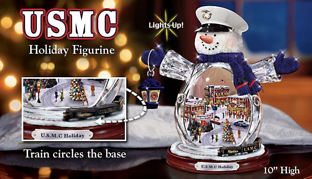 USMC Tabletop Crystal Snowman Figurine - USMC Holiday Decor Crystal Snowman Figurine Celebrates the Few, the Proud, the Frosty! Lights Up and with Moving Train!