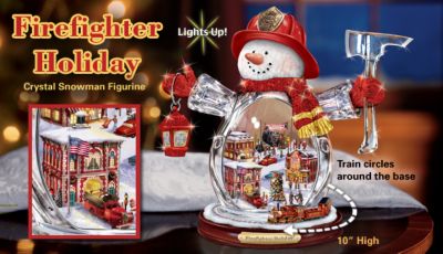 Fireman-Themed Crystal Snowman Figurine: Firefighter Holiday - A First-Ever Crystal Snowman Figurine in Firefighter Attire! Christmas Decoration with Moving Train and Illuminated Village!