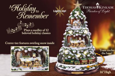 Thomas Kinkade Home For The Holidays Tabletop Tree - Exclusive, Limited-Edition Thomas Kinkade Tabletop Tree! Enchanting Christmas Decoration has Dome that "Snows," Moving Train
