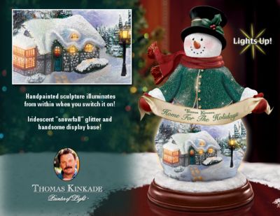 Thomas Kinkade Home For The Holidays Illuminated Snowman Figurine - Thomas Kinkade Artwork Glows on the First-ever Illuminated Thomas Kinkade Snowman Figurine! Exclusive Fun for the Holidays!