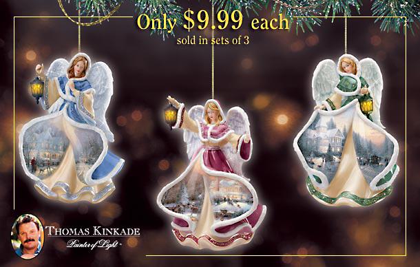 Thomas Kinkade Winter Angels Of Light Ornament Set One - Exclusive Collectible Angel Ornaments with Thomas Kinkade Paintings! His FIRST Illuminated Angel Christmas Tree Ornaments!