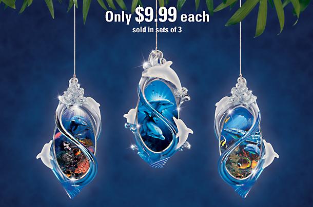 Dolphin Majesty Ornament Set One - Christian Riese Lassen Art Floats within Spectacular Swirling Waves! Dolphin Art Ornaments Explore the Oceans Grandeur!