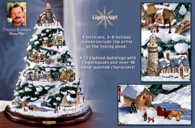 Thomas Kinkade Christmas By The Harbor Lighthouse Artificial Tabletop Christmas Tree - Thomas Kinkades Collectible Lighthouse Art Glows with Holiday Lights as an Exclusive Decorated Tabletop Christmas Tree!