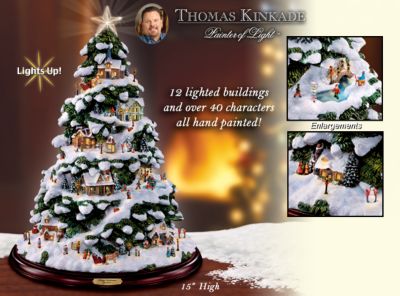 Thomas Kinkade Village Christmas Artificial Tabletop Christmas Tree - Market First Illuminated Thomas Kinkade Christmas Tree! Snow-covered Tabletop Christmas Tree is a Festive Kinkade Collectible