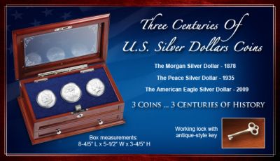 Three Centuries Of U.S. Silver Dollars Coins - Collectible Silver Dollar Coin Set with Wood Display Case! Includes 1878 Morgan, 1935 Peace and 2009 American Eagle Coins!