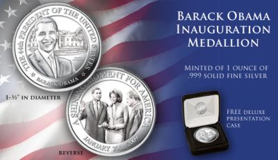 Barack Obama Fine Silver Commemorative Inauguration Medallion - Barack Obama Commemorative Inauguration Medallion Preserves Historic Moment in Pure Silver! Exclusive Obama Collectors Coin!