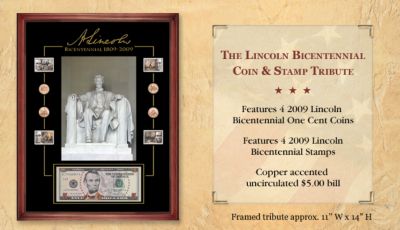 Lincoln Bicentennial Coin And Stamp Tribute - Lincoln Bicentennial Framed Tribute Coins and Stamps! Four Collectibles in One: Coins, Stamps, $5 Bill, Lincoln Portrait!