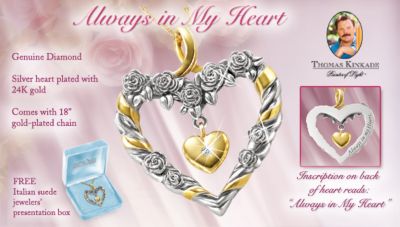 Thomas Kinkade Always In My Heart Diamond Heart-Shaped Pendant - Exclusive Thomas Kinkade Heart-shaped Diamond Jewelry Pendant! Original Rose Design a Symbol of Perfect Love!