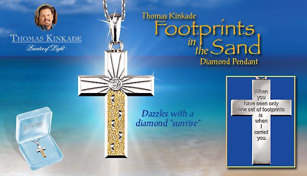 Thomas Kinkade Footprints In The Sand Diamond Pendant - Thomas Kinkade Cross Pendant a Silver, Gold and Diamond Testament to Your Faith! Exclusive "Footprints in the Sand" Jewelry!