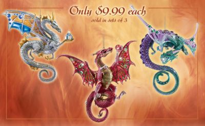 Dragons Of The Crystal Cave Ornament Set One - Collectible Dragon Christmas Ornaments Sparkle with Jewels - Unique Mystical Fantasy Dragon Art for Your Christmas Decoration