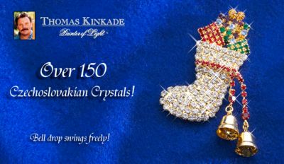 Thomas Kinkade Christmas Stocking Pin - Thomas Kinkade Christmas Stocking Pin Jewelry Dazzles with over 150 Crystals! Unique Christmas Jewelry and Gift Idea!