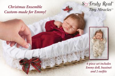 Tiny Miracles Emmys Christmas Ensemble: Lifelike Christmas Baby Doll With Accessories - Exclusive Christmas Baby Doll with Accessories Comes with Emmy Doll, Bassinet and Two Outfits! Makes a Unique Christmas Gift!