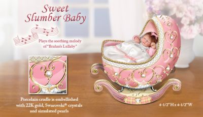 Sweet Slumber Lifelike Miniature Baby Doll In Peter Carl Faberge-Style Musical Cradle - Peter Carl Faberge-style Musical Cradle Holds Lifelike Miniature Baby Doll! Cradle Plays Soothing Melody of "Brahms Lullaby"